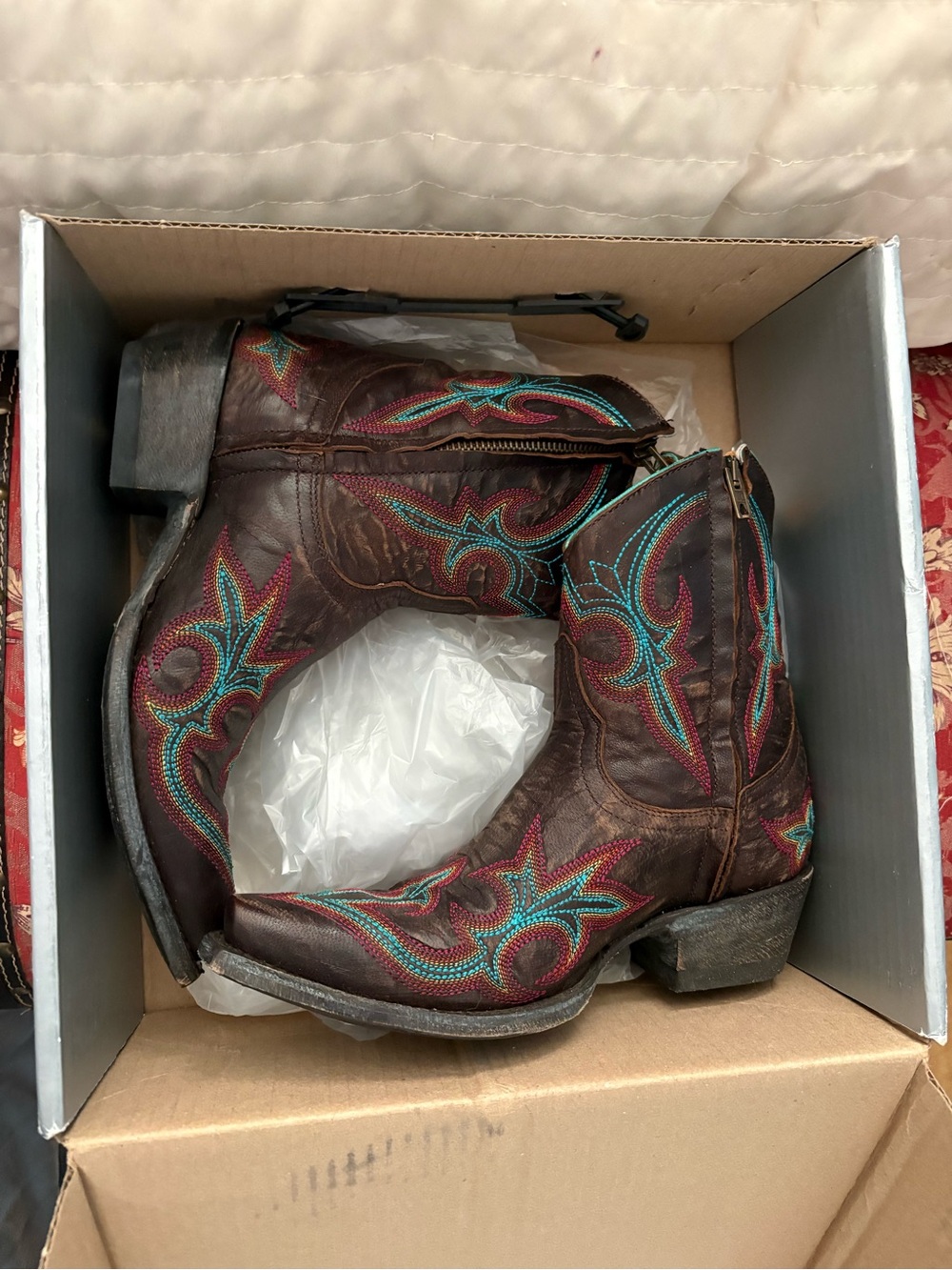 Old Gringo Brown Leather Cowboy Heeled Boots with Turquoise and Pink Embroidery